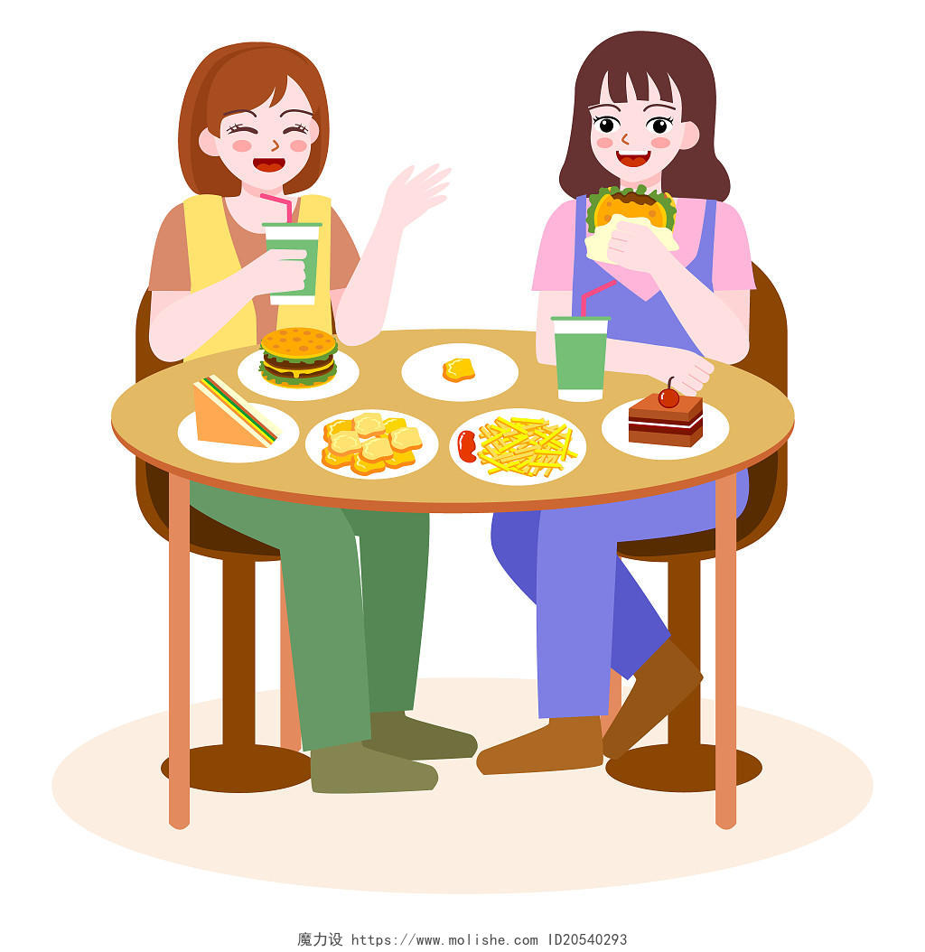 两位女孩吃饭扁平吃饭人物插画吃饭PNG素材